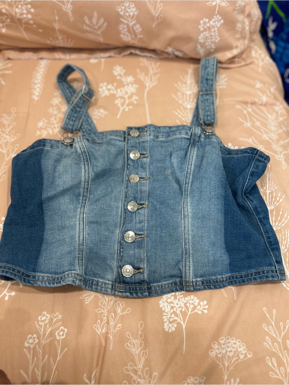American Eagle Outfitters Two-Tone Blue Denim Button-Front Crop Overalls Top